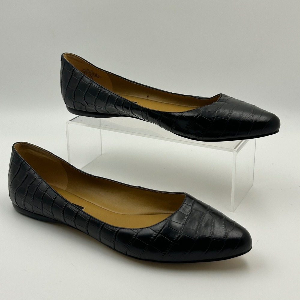 Nine West Speakup Flats Women 9.5 Black Croc Embossed Leather Pointed Toe Office